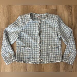 Nanette Lepore Tweed Cropped Jacket Blue Bouclé Pearl Buttons Size M